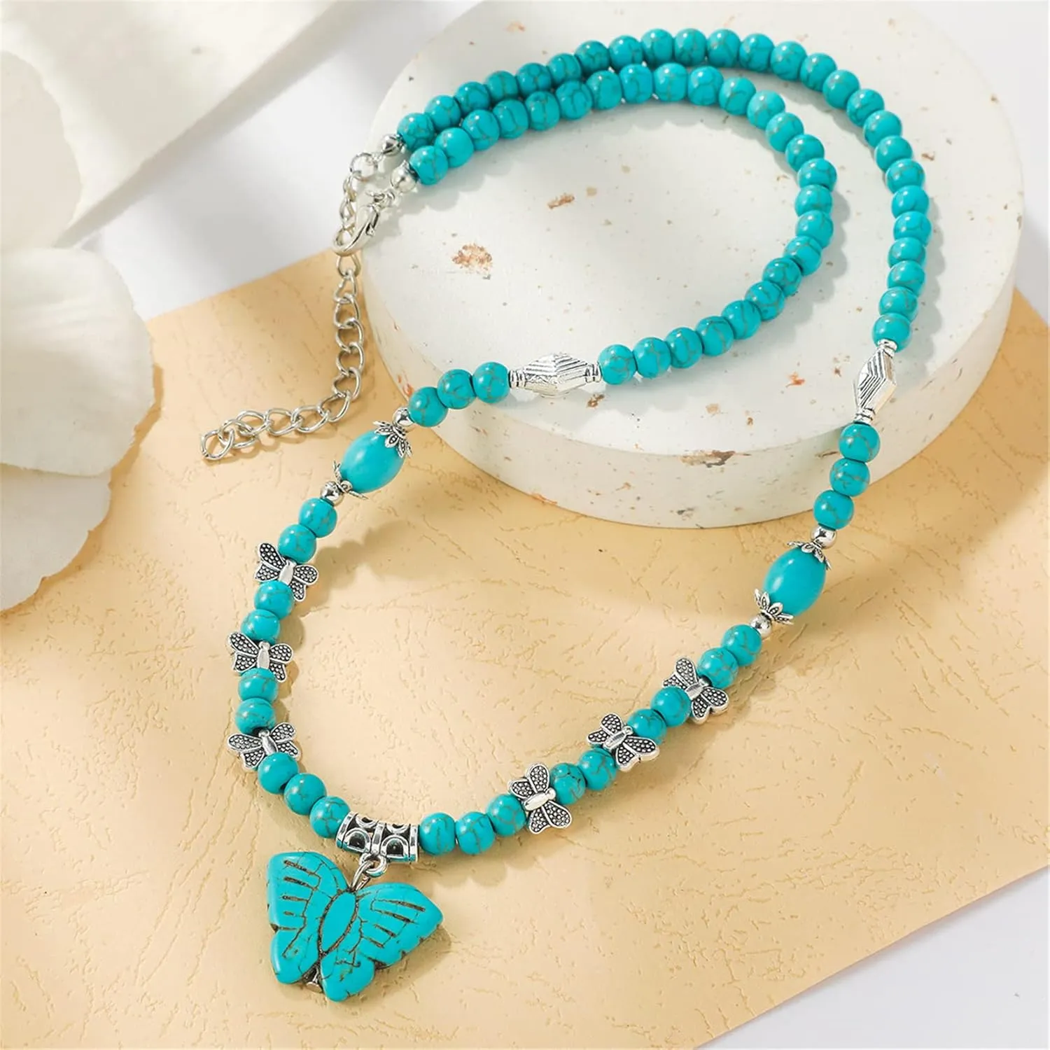 Turquoise Necklace, Boho Long Beaded Necklace with Vintage Ethnic Bohemian Turquoise Pendant - Statement Western Jewelry Gifts for Women