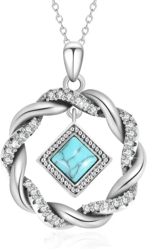 Turquoise Necklaces for Women 925 Sterling Silver Vintage Boho Round Pendant Necklace December Birthstone Necklace Turquoise Jewelry Birthday Christmas Gift for Mom Wife