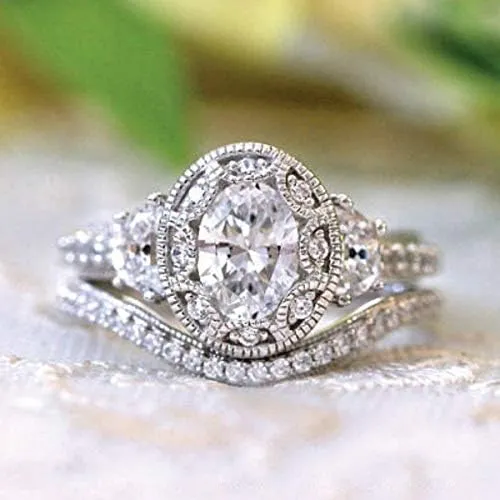 Two-in-One Stackable Cubic Zirconia Bridal Rings Sets Oval Cut CZ Engagement Rings Wedding Band for Women 1.5CT 925 Sterling Silver Simulated Diamond Ring (8#)