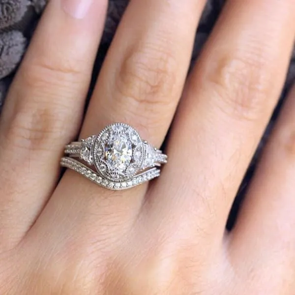 Two-in-One Stackable Cubic Zirconia Bridal Rings Sets Oval Cut CZ Engagement Rings Wedding Band for Women 1.5CT 925 Sterling Silver Simulated Diamond Ring (8#)