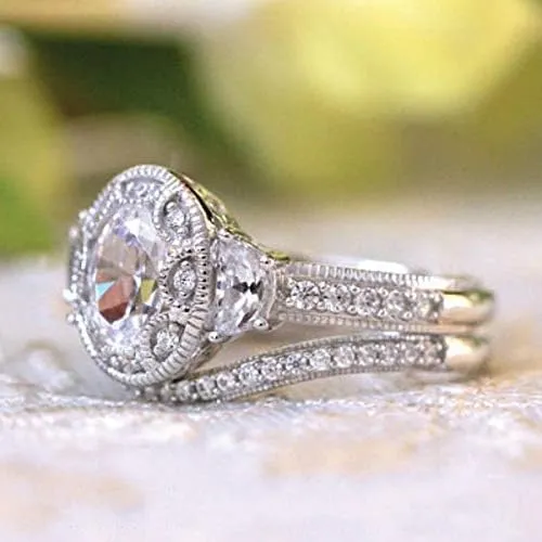 Two-in-One Stackable Cubic Zirconia Bridal Rings Sets Oval Cut CZ Engagement Rings Wedding Band for Women 1.5CT 925 Sterling Silver Simulated Diamond Ring (8#)