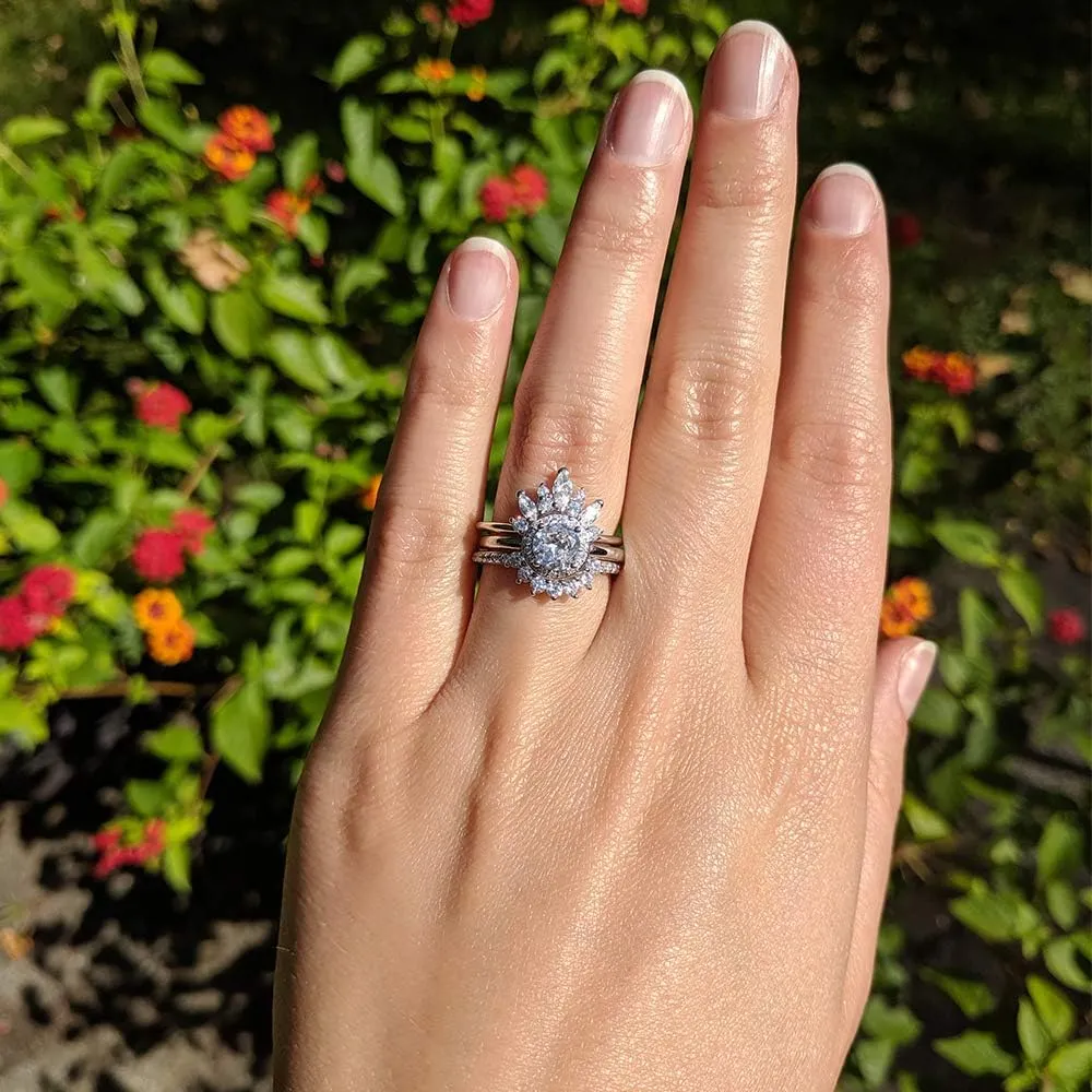 TwoBirch Sterling Silver Cubic Zirconia Delicate Floral Tiara Design Border Ring Guard Round Halo Engagement Ring CZ Duo Stackable Ring Set
