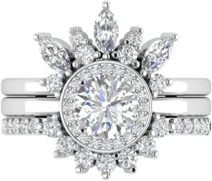 TwoBirch Sterling Silver Cubic Zirconia Delicate Floral Tiara Design Border Ring Guard Round Halo Engagement Ring CZ Duo Stackable Ring Set
