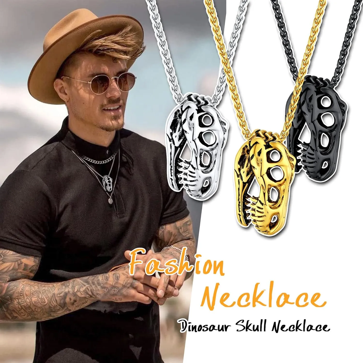 U7 Men Punk Rock Necklaces, Cool Guitar Pick Skull, Alligator Dinosaur Skeleton Tyrannosaurus Rex Pendant with Chain, Stainless Steel Personalized Jewelry Gift