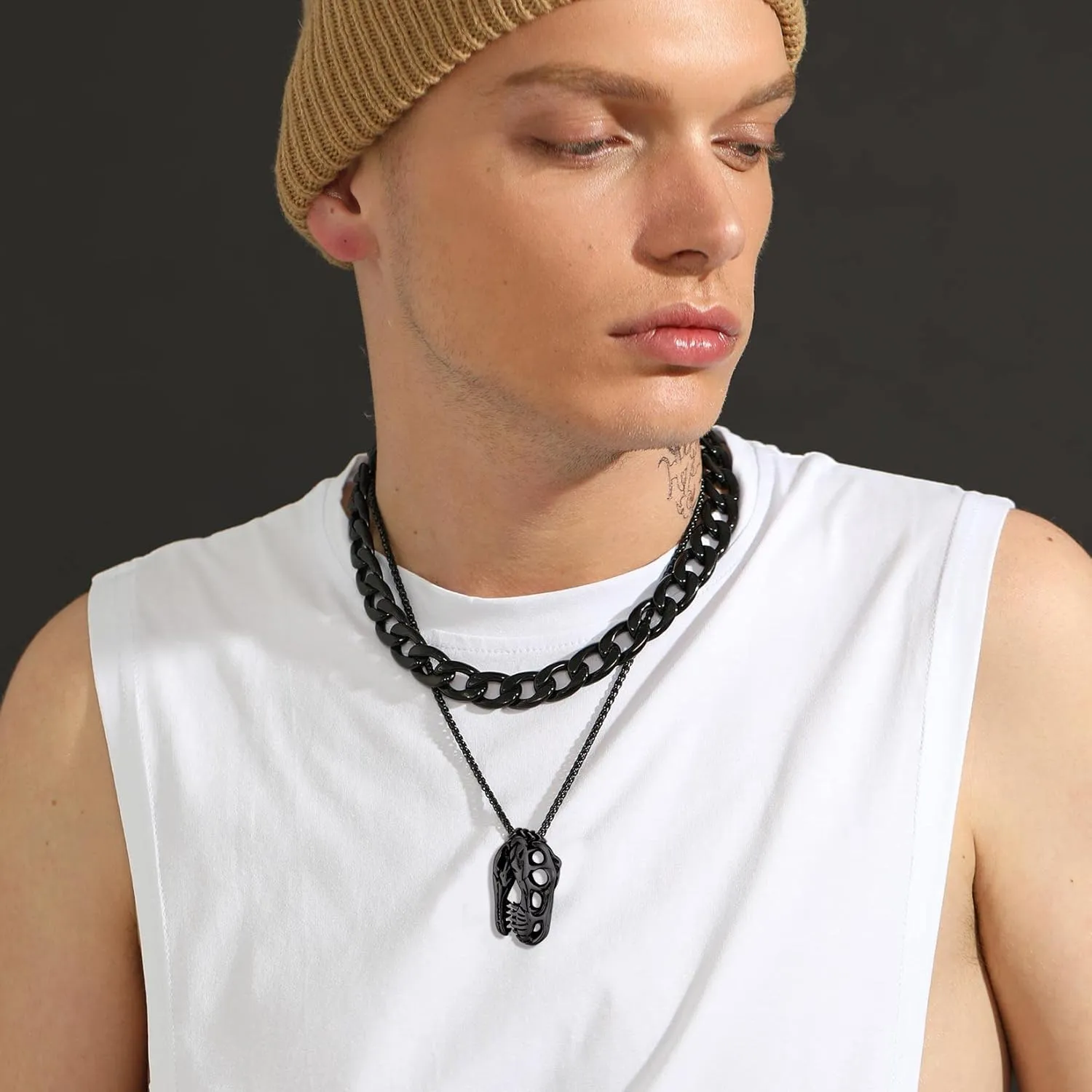 U7 Men Punk Rock Necklaces, Cool Guitar Pick Skull, Alligator Dinosaur Skeleton Tyrannosaurus Rex Pendant with Chain, Stainless Steel Personalized Jewelry Gift