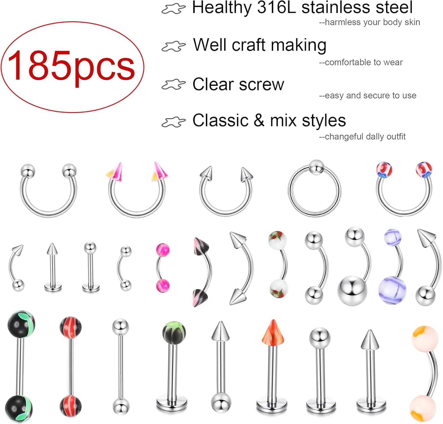 Ubjuliwa 142pcs - 185pcs Body Piercing Jewelry for all piercings, Tongue Nipple Rings Eyebrow Lip Belly Button Barbell Nose Piercing Tragus Navel body jewelry for women piercings 14g-18g