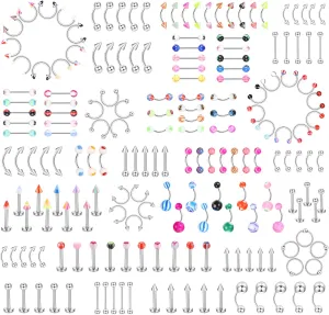 Ubjuliwa 142pcs - 185pcs Body Piercing Jewelry for all piercings, Tongue Nipple Rings Eyebrow Lip Belly Button Barbell Nose Piercing Tragus Navel body jewelry for women piercings 14g-18g