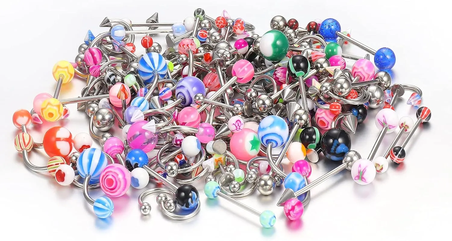 Ubjuliwa 142pcs - 185pcs Body Piercing Jewelry for all piercings, Tongue Nipple Rings Eyebrow Lip Belly Button Barbell Nose Piercing Tragus Navel body jewelry for women piercings 14g-18g