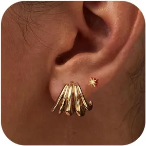 Unique 14k Gold Plated Hoops Earrings for Women Studs Trendy Titanium Steel Hypoallergenic Five Claws Earring Stack for Women