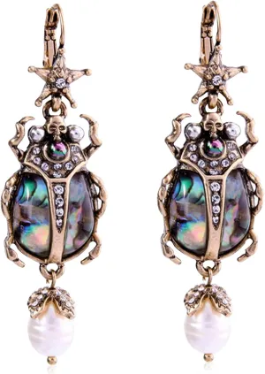 Unique Beetle Dangle Earrings for Women Vintage Style Amazing Scarab Pearl Drop Jewelry