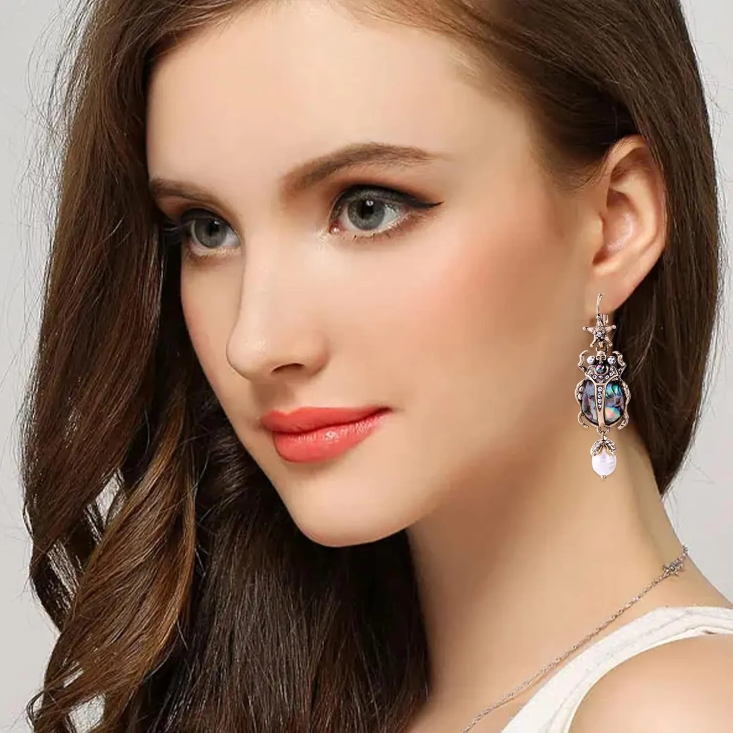 Unique Beetle Dangle Earrings for Women Vintage Style Amazing Scarab Pearl Drop Jewelry