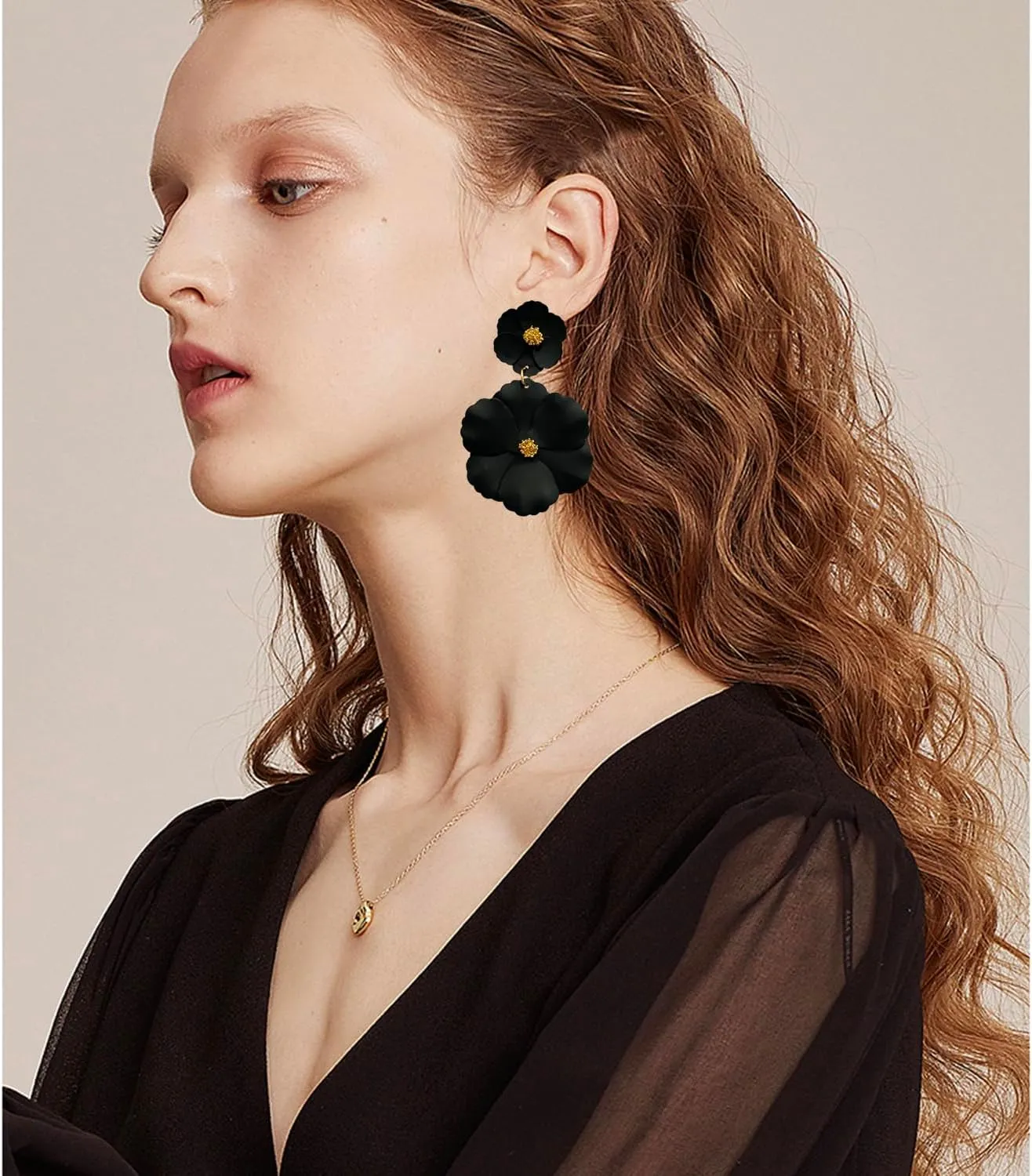 Unique Bohemian Metal Poppy Flower Dangle Earring Matte Painted Dual Flower Floral Petal Tiered Drop for Women Statement Jewelry Gifts