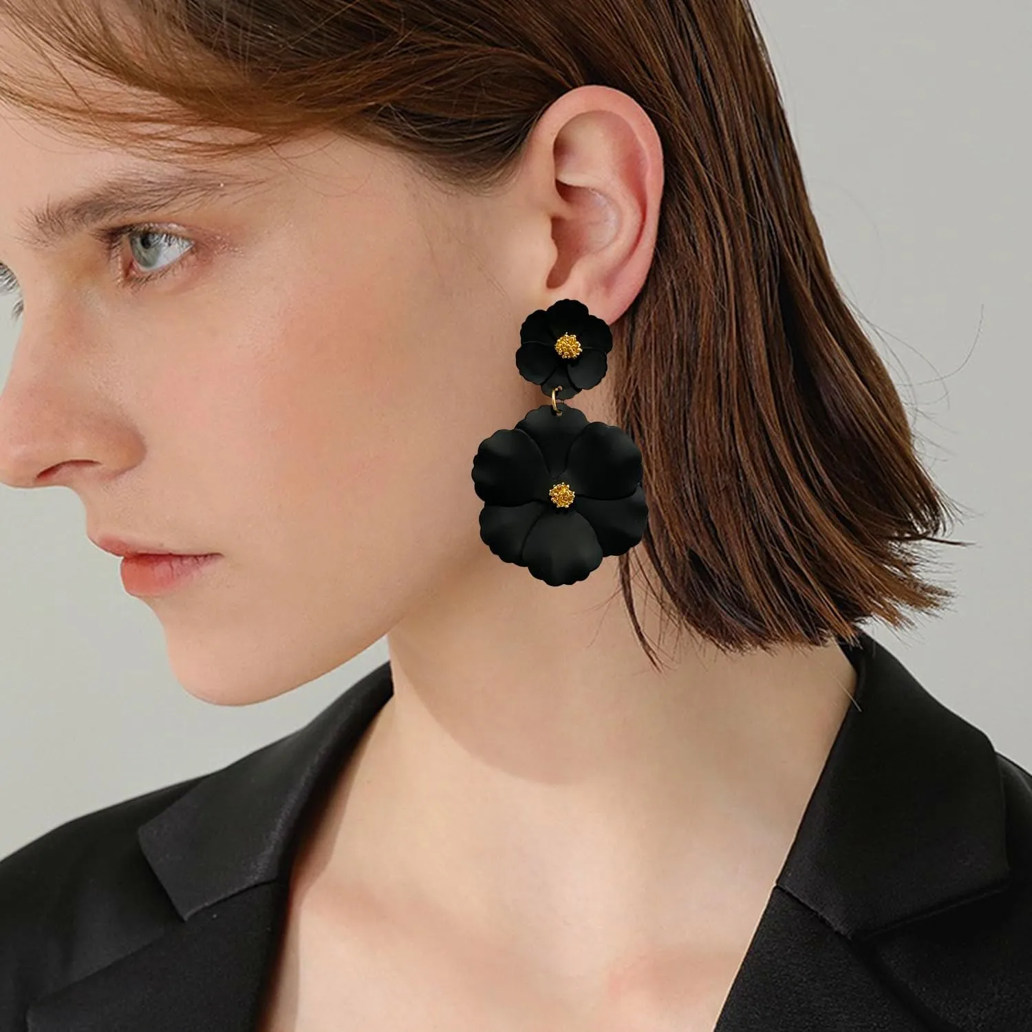 Unique Bohemian Metal Poppy Flower Dangle Earring Matte Painted Dual Flower Floral Petal Tiered Drop for Women Statement Jewelry Gifts