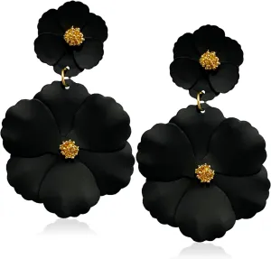 Unique Bohemian Metal Poppy Flower Dangle Earring Matte Painted Dual Flower Floral Petal Tiered Drop for Women Statement Jewelry Gifts