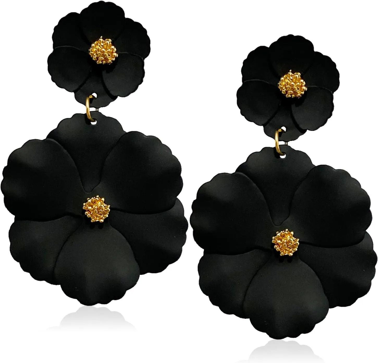 Unique Bohemian Metal Poppy Flower Dangle Earring Matte Painted Dual Flower Floral Petal Tiered Drop for Women Statement Jewelry Gifts