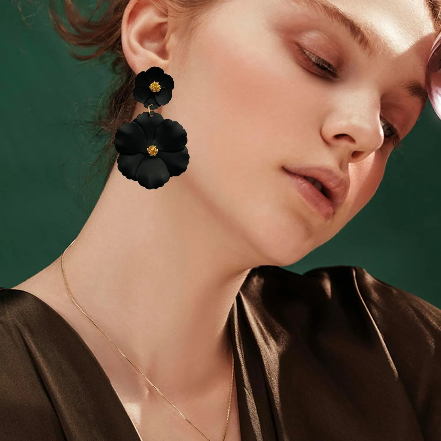 Unique Bohemian Metal Poppy Flower Dangle Earring Matte Painted Dual Flower Floral Petal Tiered Drop for Women Statement Jewelry Gifts