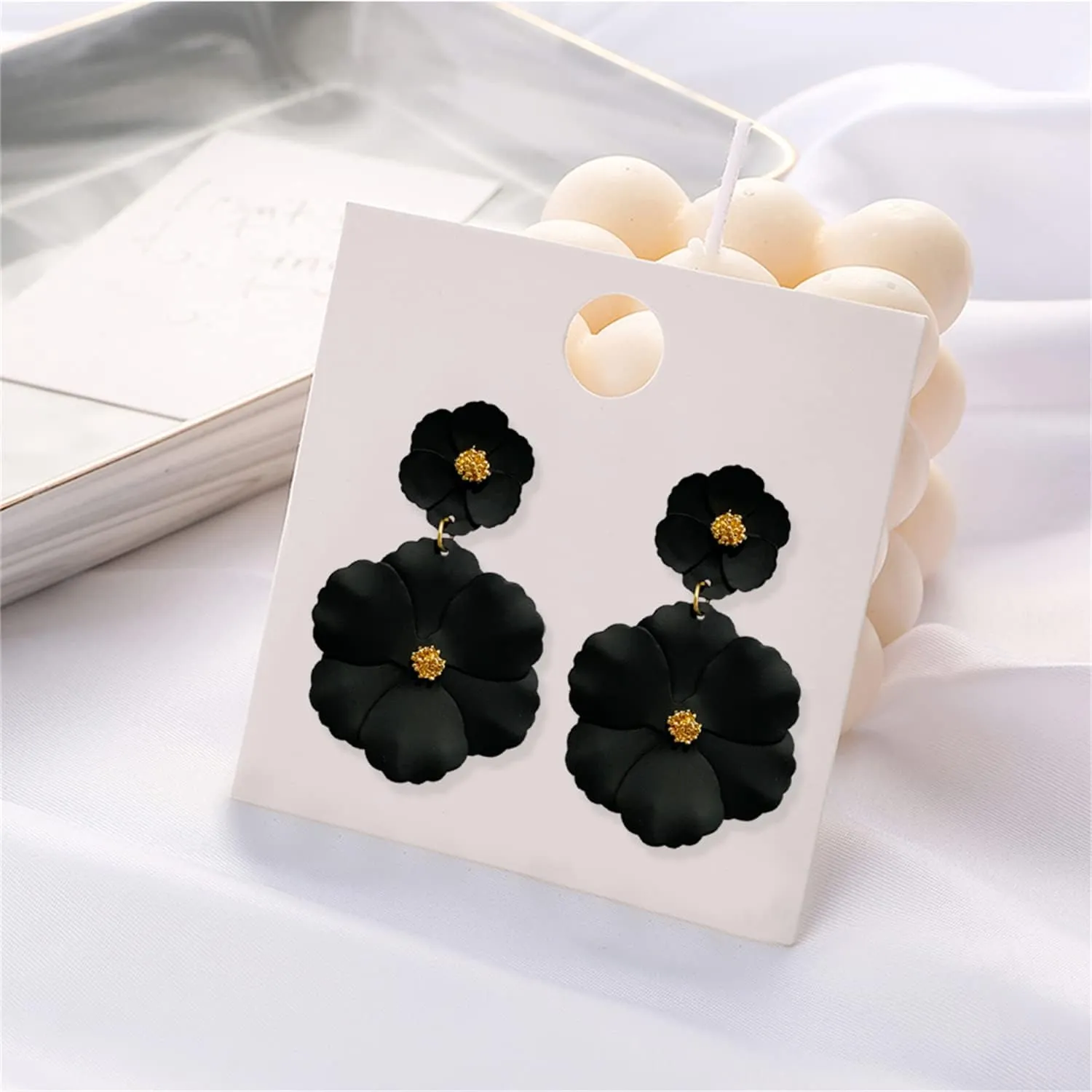 Unique Bohemian Metal Poppy Flower Dangle Earring Matte Painted Dual Flower Floral Petal Tiered Drop for Women Statement Jewelry Gifts