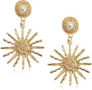 Unique Bohemian Vintage Gold Hexagram Celestial Sun Star Dangle Drop Earrings Sunflower Pearl Stud Earrings for Women Statement Wedding Jewelry Earrings