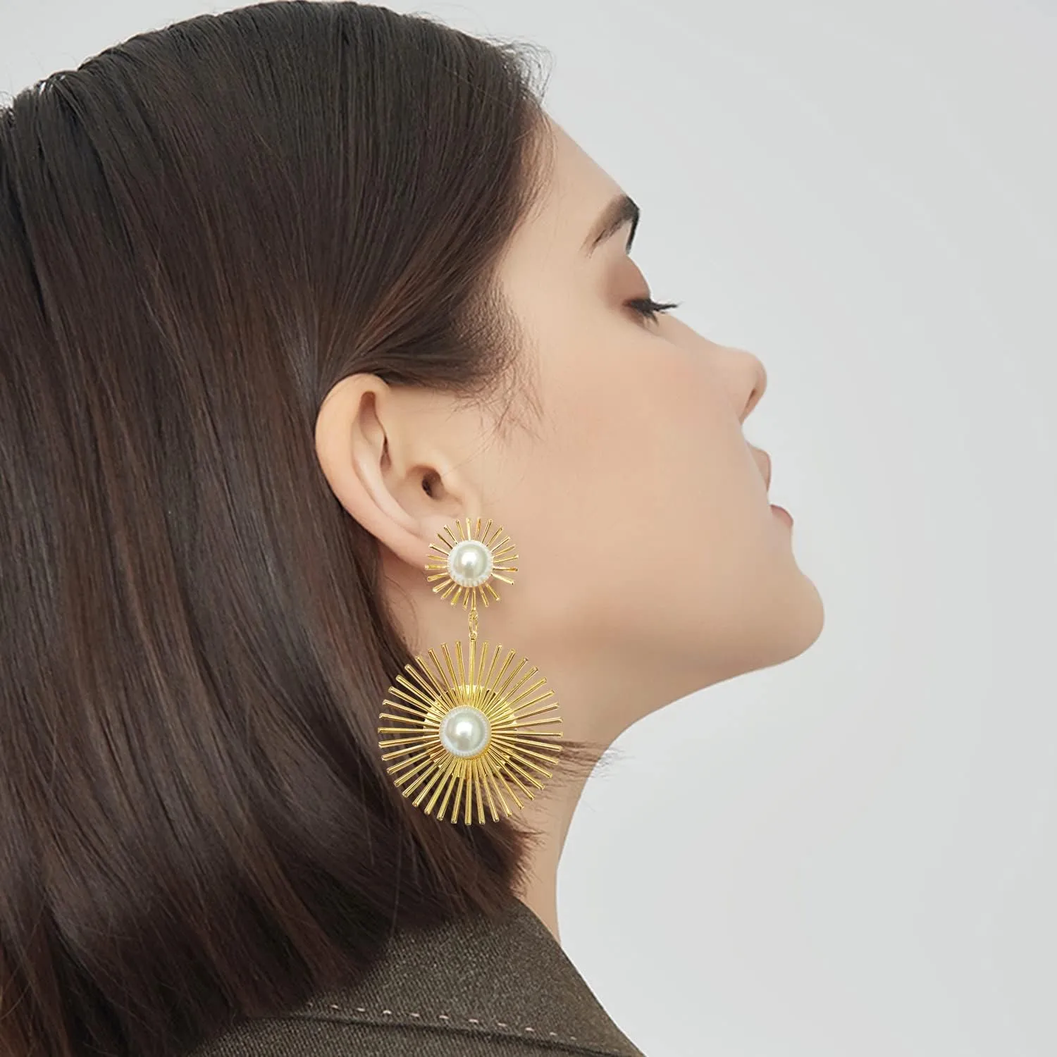 Unique Bohemian Vintage Gold Hexagram Celestial Sun Star Dangle Drop Earrings Sunflower Pearl Stud Earrings for Women Statement Wedding Jewelry Earrings
