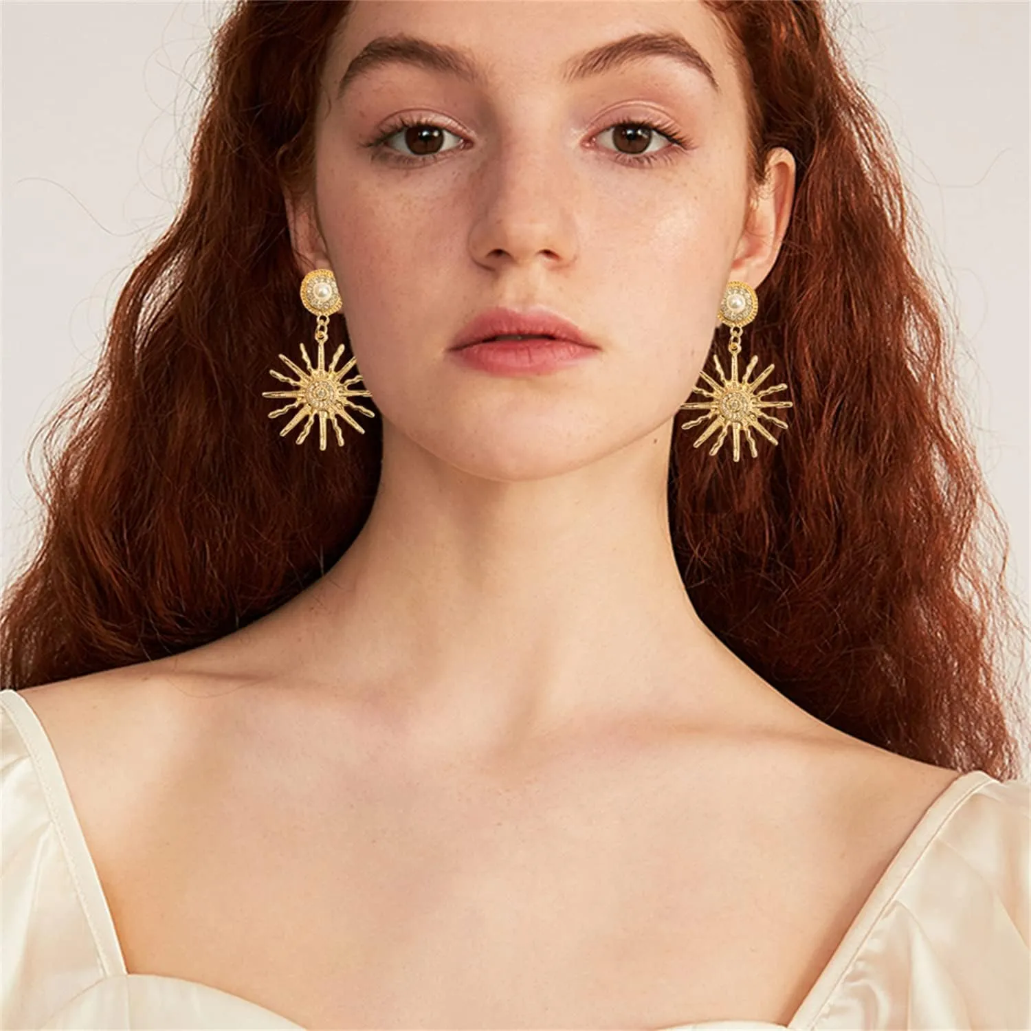 Unique Bohemian Vintage Gold Hexagram Celestial Sun Star Dangle Drop Earrings Sunflower Pearl Stud Earrings for Women Statement Wedding Jewelry Earrings