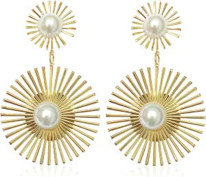Unique Bohemian Vintage Gold Hexagram Celestial Sun Star Dangle Drop Earrings Sunflower Pearl Stud Earrings for Women Statement Wedding Jewelry Earrings