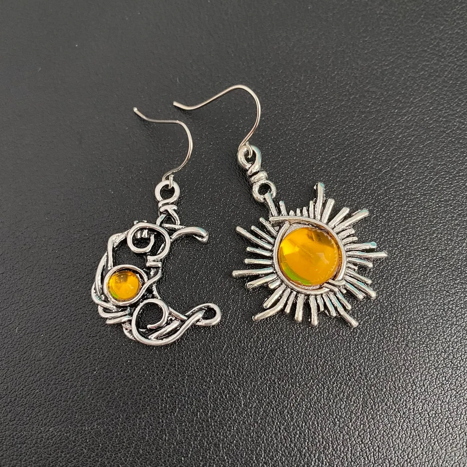 Unique Charm Abstract Hollow Black Vintage Silver Black Asymmetry Moon Star Sun Dangle Drop Earrings Personalized Moonstone Moon Hypoallergenic Earrings for Women Statement Jewelry Gifts