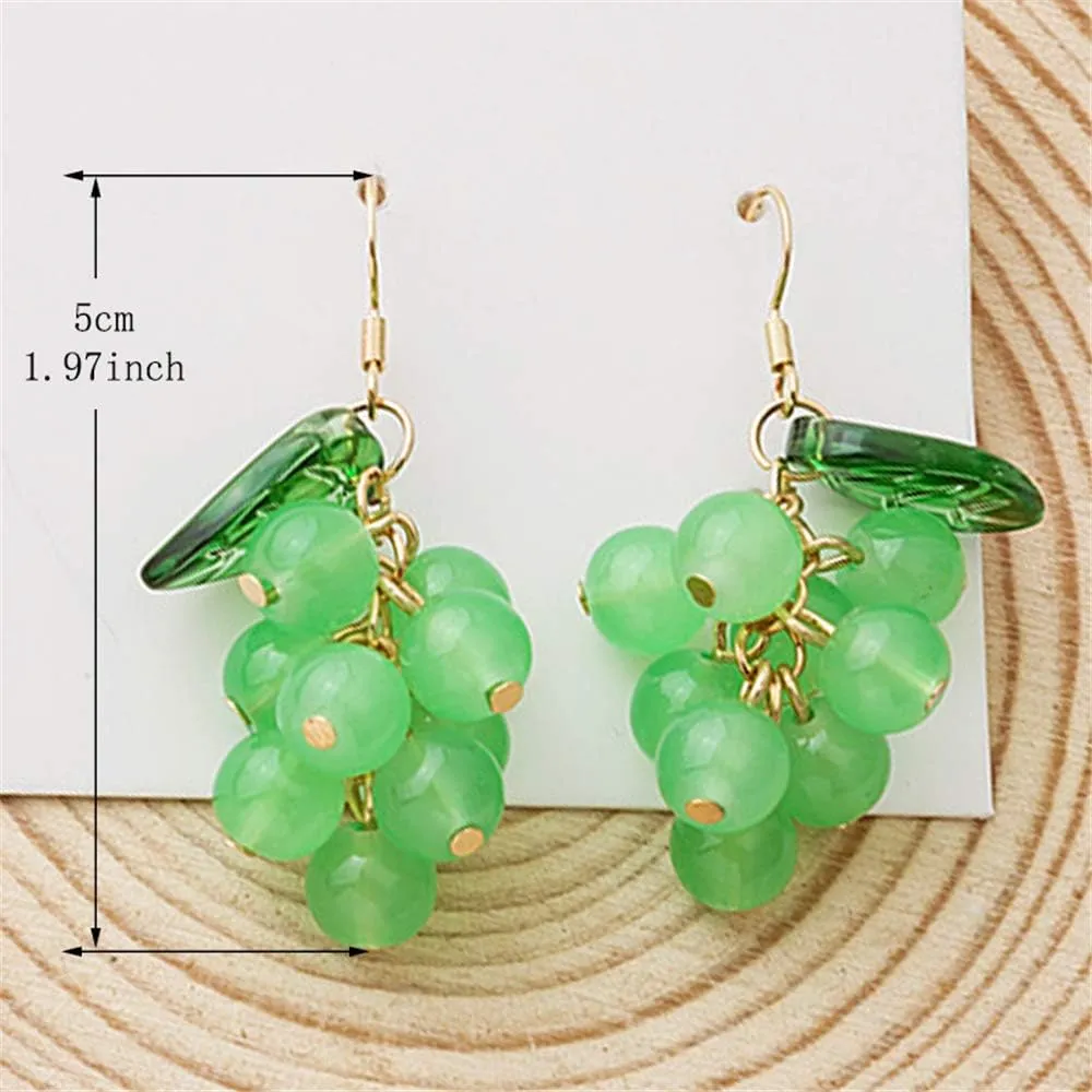 Unique Cute Creative Fruits Dangle Drop Earrings Sparkly Crystal Grape Earring With Green Leaf for Women Girls Statement Jewelry Gifts