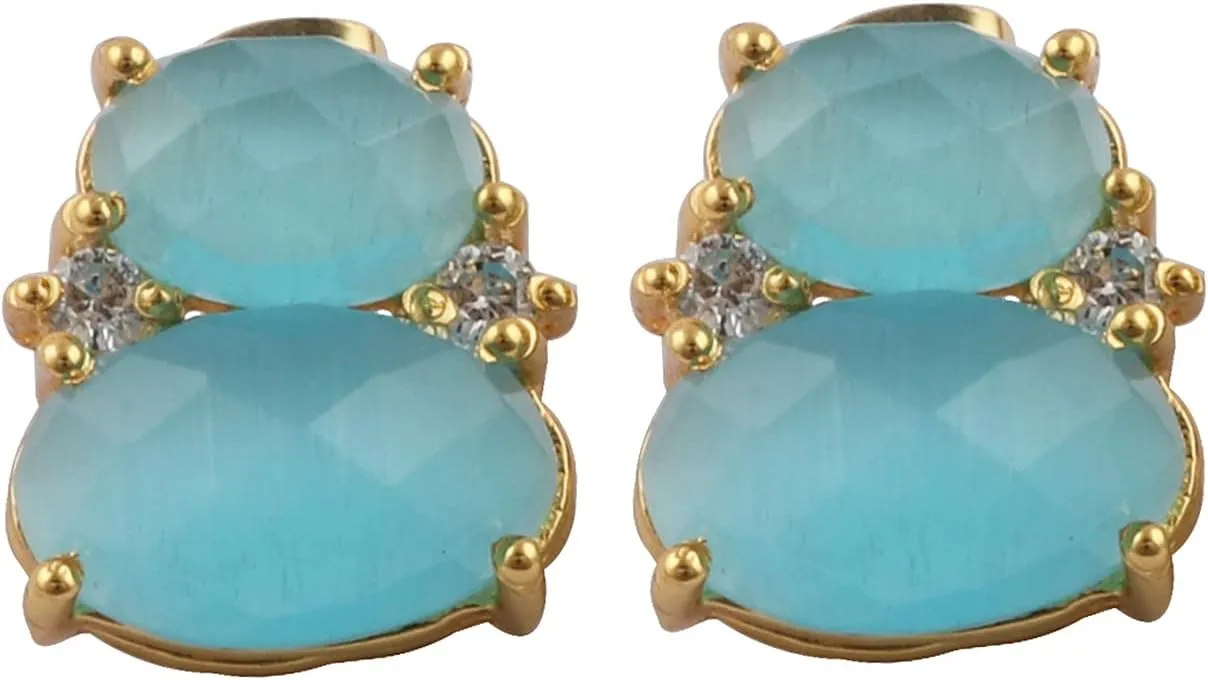 Unique Design Yellow Cat's Eye & Zircon Prong Setting Gemstone Brass Gold Plated Stud Earrings