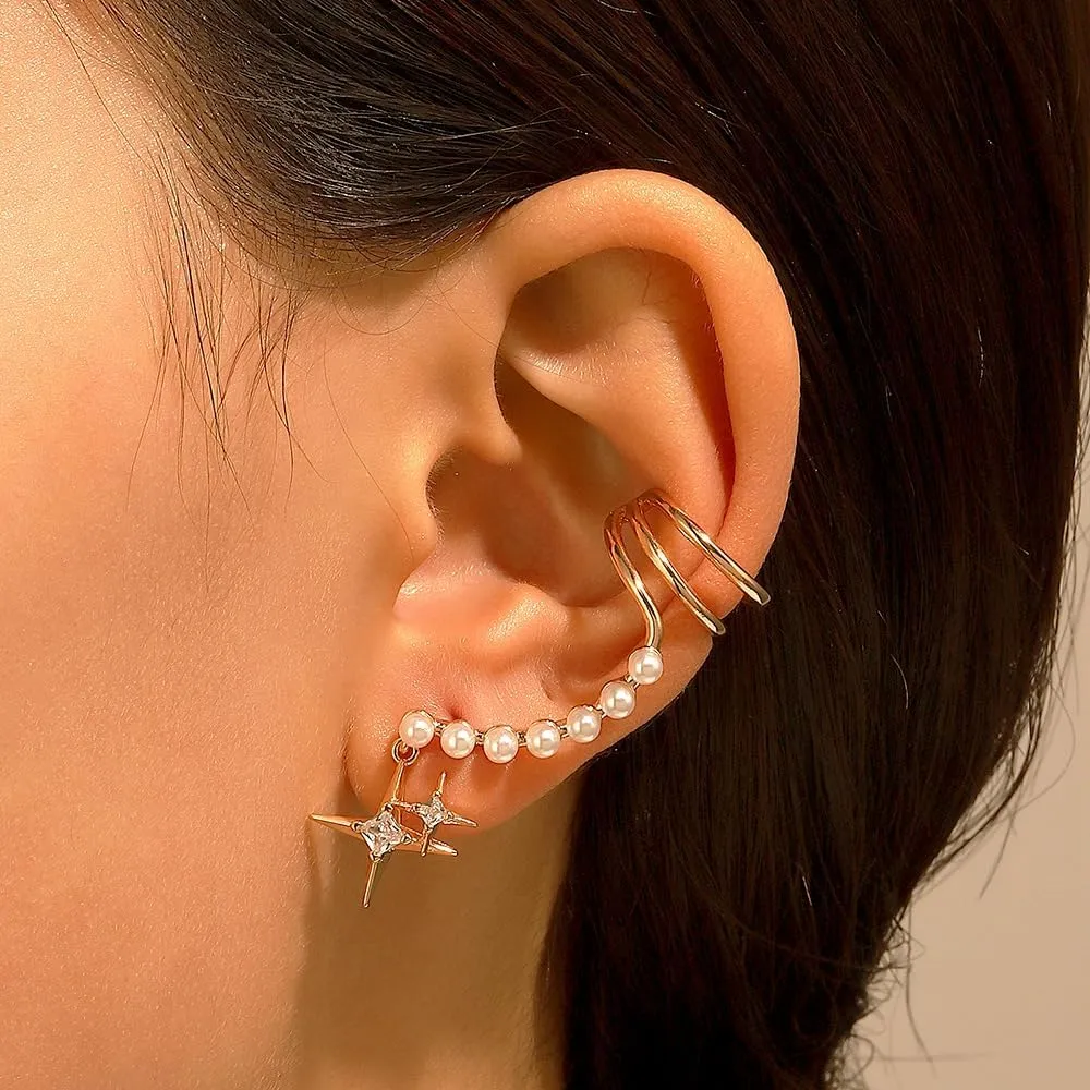 Unique Ear Crawler Cuff Earring for Women Gold Pearl Crystal Ear Climbers Earring Dainty Trendy Silver Wrap Ear Clip Earring Personalized Gifts
