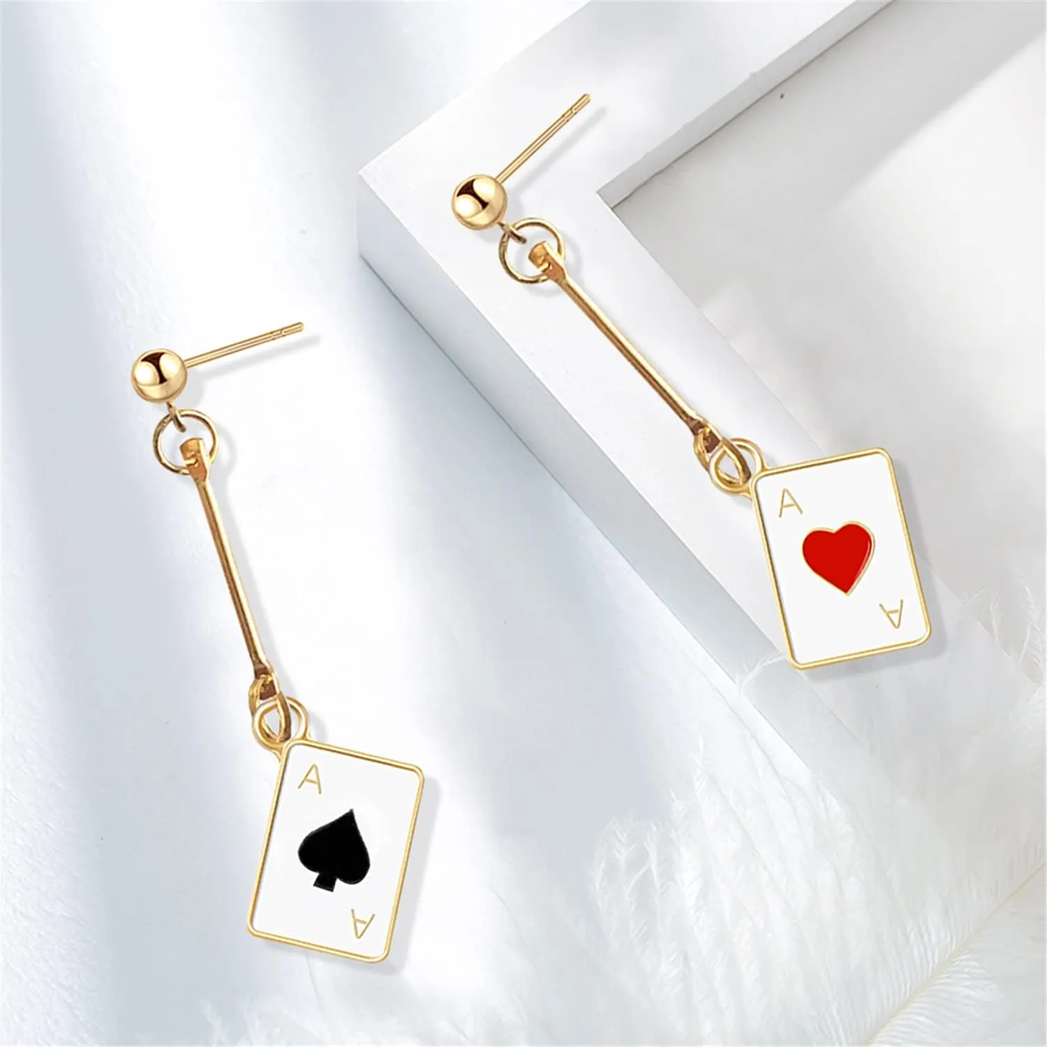 Unique Funny 14K Gold Plated Poker hearts and Spades A Ace Playing Cards Dangle Drop Post Stud Earrings For Women Gambling Casino