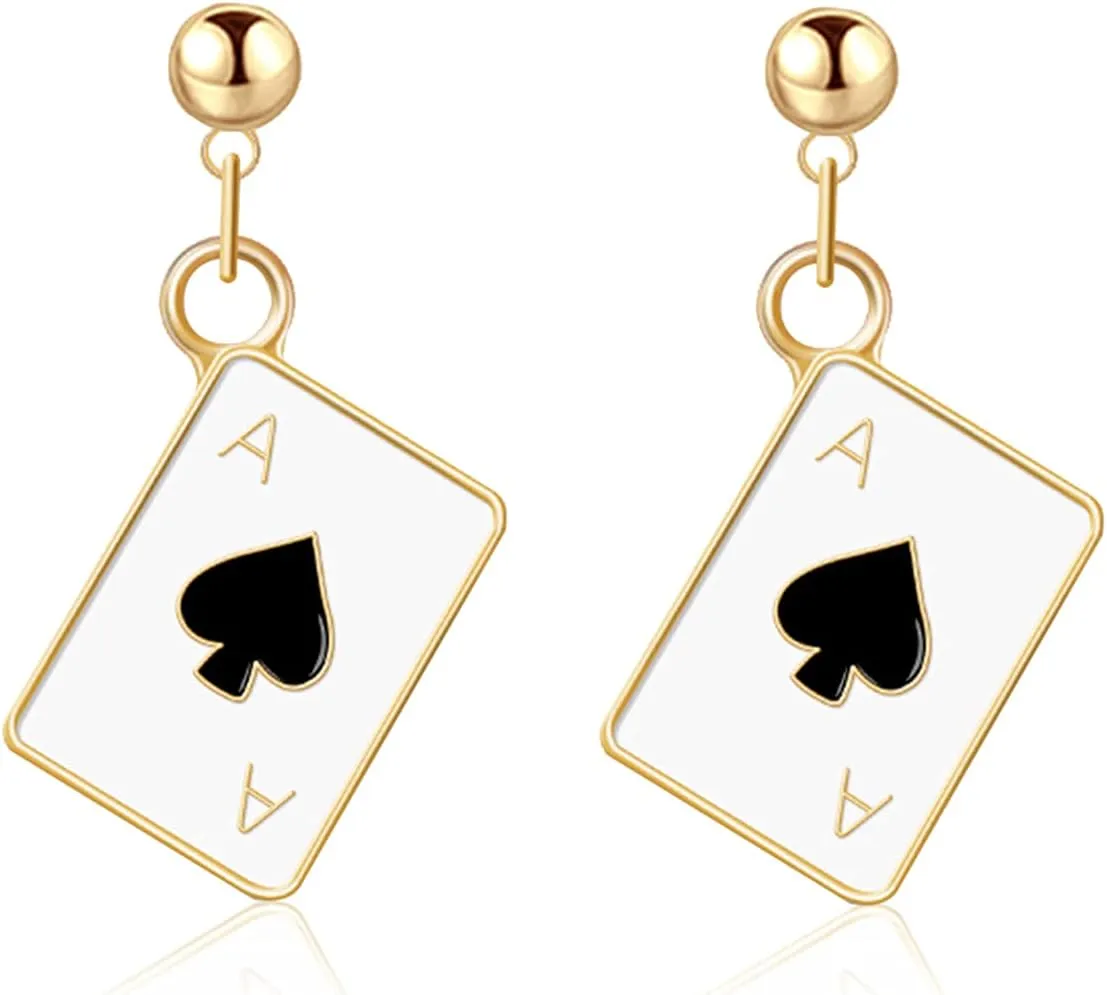 Unique Funny 14K Gold Plated Poker hearts and Spades A Ace Playing Cards Dangle Drop Post Stud Earrings For Women Gambling Casino