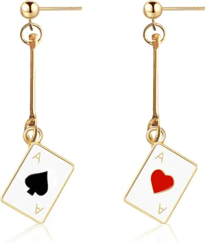 Unique Funny 14K Gold Plated Poker hearts and Spades A Ace Playing Cards Dangle Drop Post Stud Earrings For Women Gambling Casino