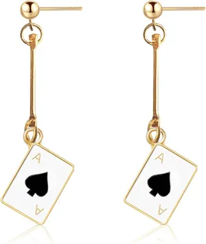 Unique Funny 14K Gold Plated Poker hearts and Spades A Ace Playing Cards Dangle Drop Post Stud Earrings For Women Gambling Casino