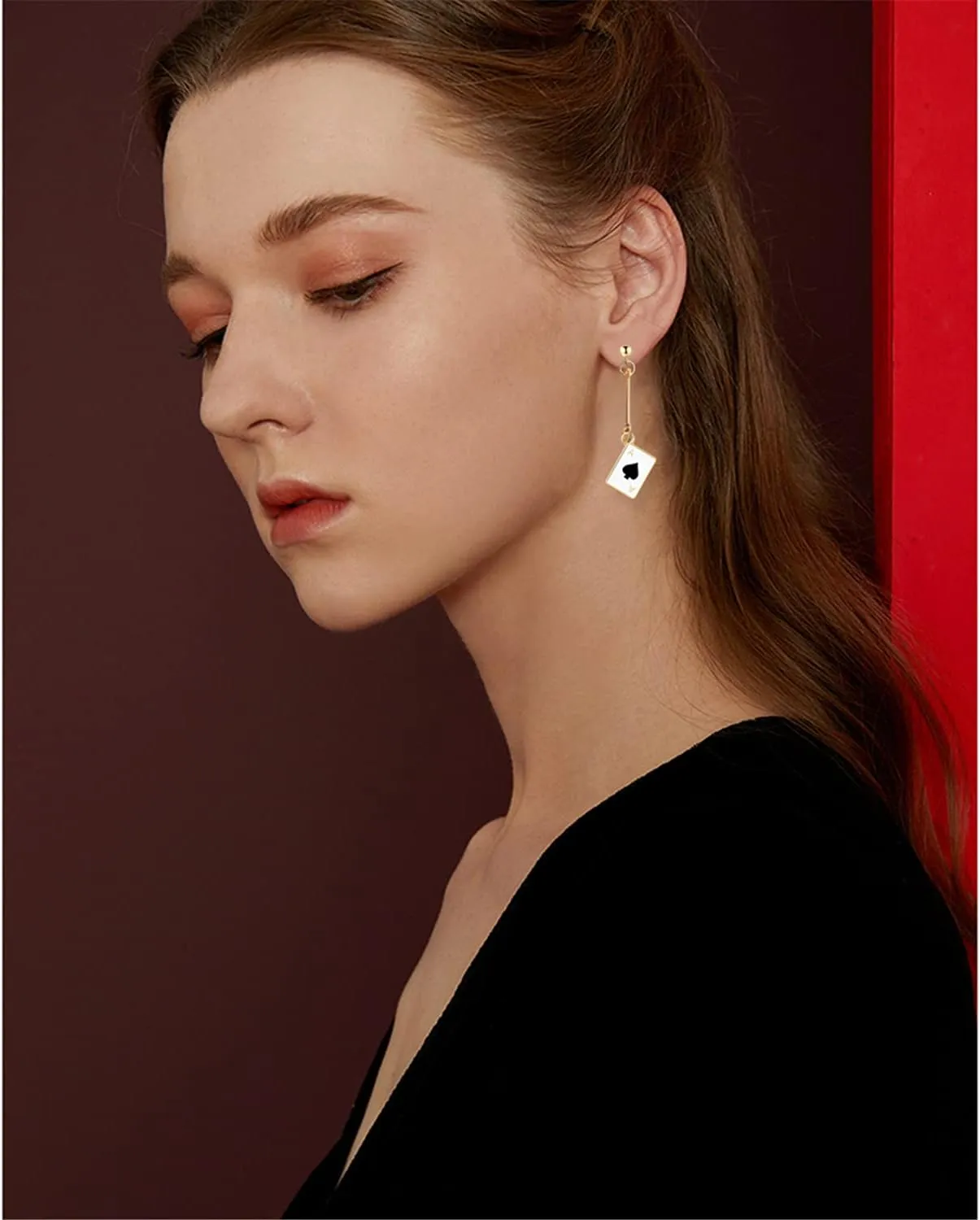 Unique Funny 14K Gold Plated Poker hearts and Spades A Ace Playing Cards Dangle Drop Post Stud Earrings For Women Gambling Casino