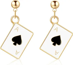 Unique Funny 14K Gold Plated Poker hearts and Spades A Ace Playing Cards Dangle Drop Post Stud Earrings For Women Gambling Casino