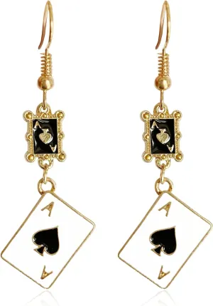 Unique Funny 18K Gold Plated Hypoallergenic Long Poker hearts and spades A Ace Playing Cards Dangle Drop Stud Earrings For Women Gambling Casino Jewelry Gift