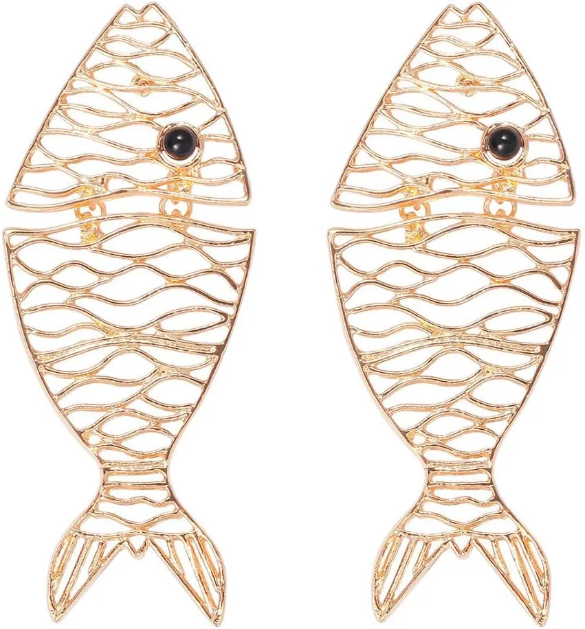 Unique Gold Fish Bone Simulation Hollow Lightweight Stud Earrings Handmade Simplicity Dangle Drop Earrings For Women Jewelry Gifts