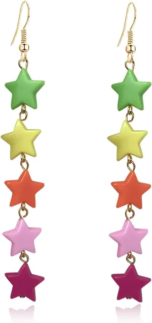 Unique Handmade Bohemian Lightweight Colorful Rainbow Chain Star Dangle Drop Earrings Cute Acrylic Multicolor Long Star Earrings for Women Statement Jewelry Gifts