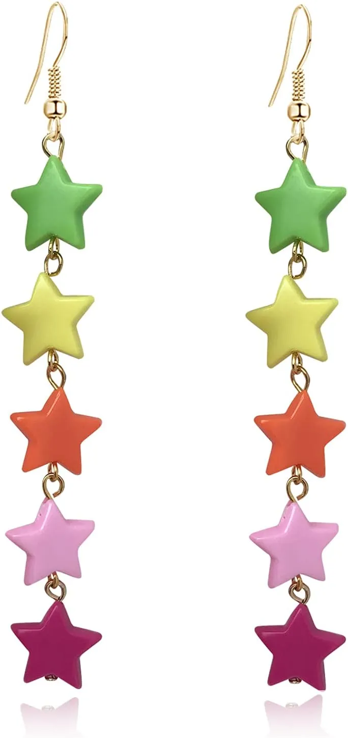 Unique Handmade Bohemian Lightweight Colorful Rainbow Chain Star Dangle Drop Earrings Cute Acrylic Multicolor Long Star Earrings for Women Statement Jewelry Gifts