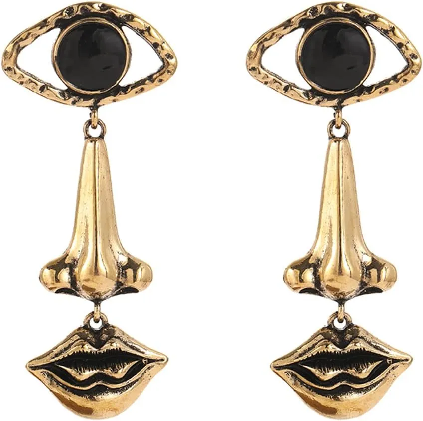 Unique Human Nose Eye Lip Shape Earrings Vintage Exaggerated Gold Evil Eye Dangle Long Drop Earrings for Women