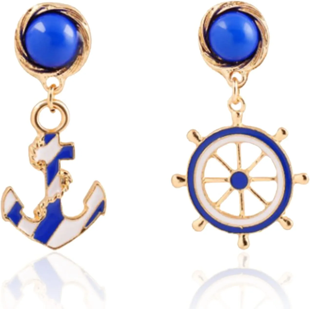 Unique navy Nautical Ship Wheel Anchor Statement Drop Stud Earrings Asymmetry Blue Enamel wind Boat Anchor Dangle Earring for Women Girl Fashion Jewelry