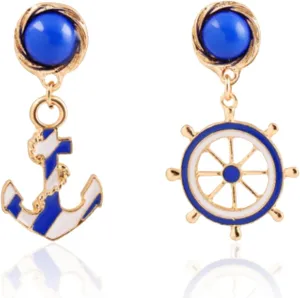 Unique navy Nautical Ship Wheel Anchor Statement Drop Stud Earrings Asymmetry Blue Enamel wind Boat Anchor Dangle Earring for Women Girl Fashion Jewelry