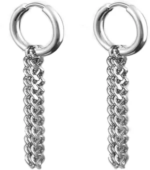 Unique Punk Black Long Double Chain Tassel Stainless Steel Huggie Hinged Hoop Dangle Drop Earrings for Men Women Personalist