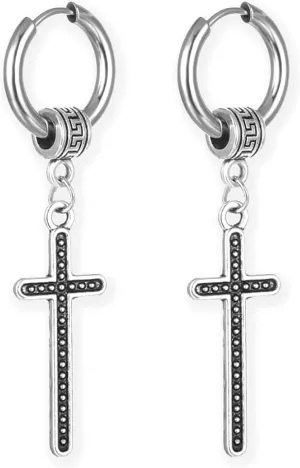 Unique Punk Stainless Steel Cross Dangle Drop Huggie Hinged Hoop Earrings with Round Dot for Women Men Statement
