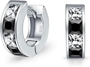 Unisex Small CZ Channel-Set Checkboard Invisible Square Princess Cut Huggie Hoop Earrings in Rose & Yellow Gold-Plated .925 Sterling Silver, Clear, Red, Blue, Green and Black Cubic Zirconia for Women
