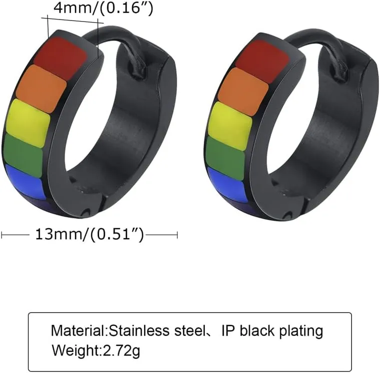 Unisex Stainless Steel Unique Rainbow Flag Lesbian LGBT Gay Pride Small Huggie Hoop Earrings