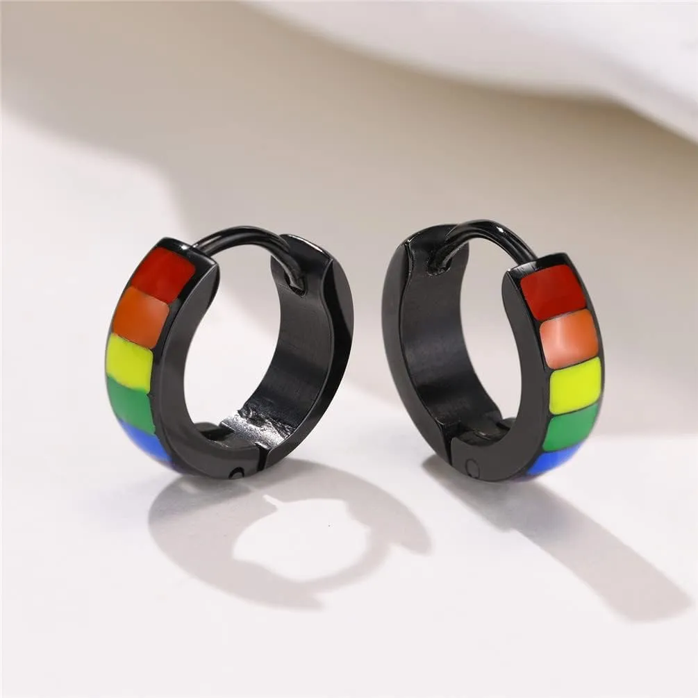 Unisex Stainless Steel Unique Rainbow Flag Lesbian LGBT Gay Pride Small Huggie Hoop Earrings