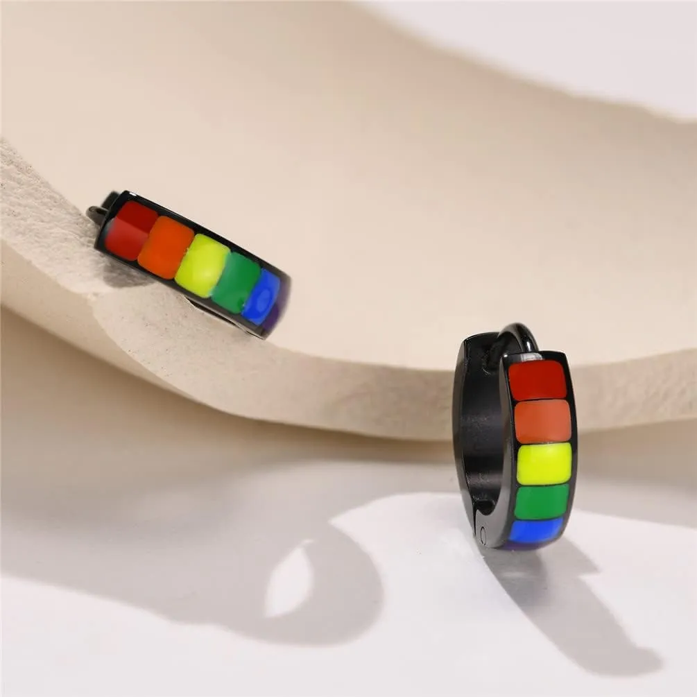 Unisex Stainless Steel Unique Rainbow Flag Lesbian LGBT Gay Pride Small Huggie Hoop Earrings