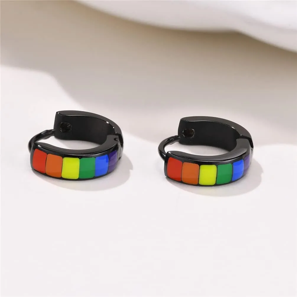 Unisex Stainless Steel Unique Rainbow Flag Lesbian LGBT Gay Pride Small Huggie Hoop Earrings