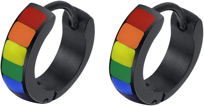 Unisex Stainless Steel Unique Rainbow Flag Lesbian LGBT Gay Pride Small Huggie Hoop Earrings